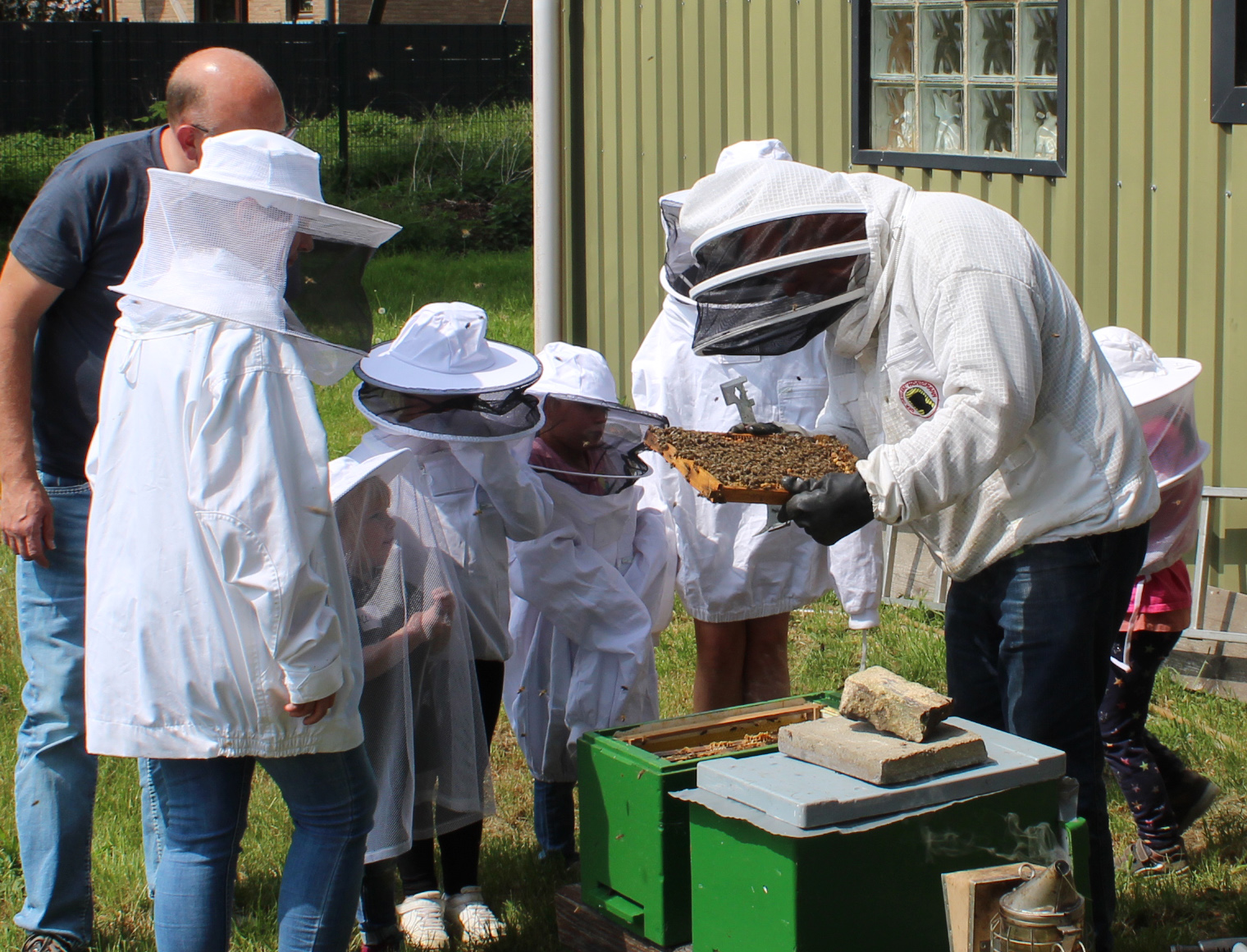 Imker Manfred Kochs zeigt einer Kleingruppe den Aufbau des Bienenstocks und die Zusammenarbeit im Bienenvolk (c) BDSJ